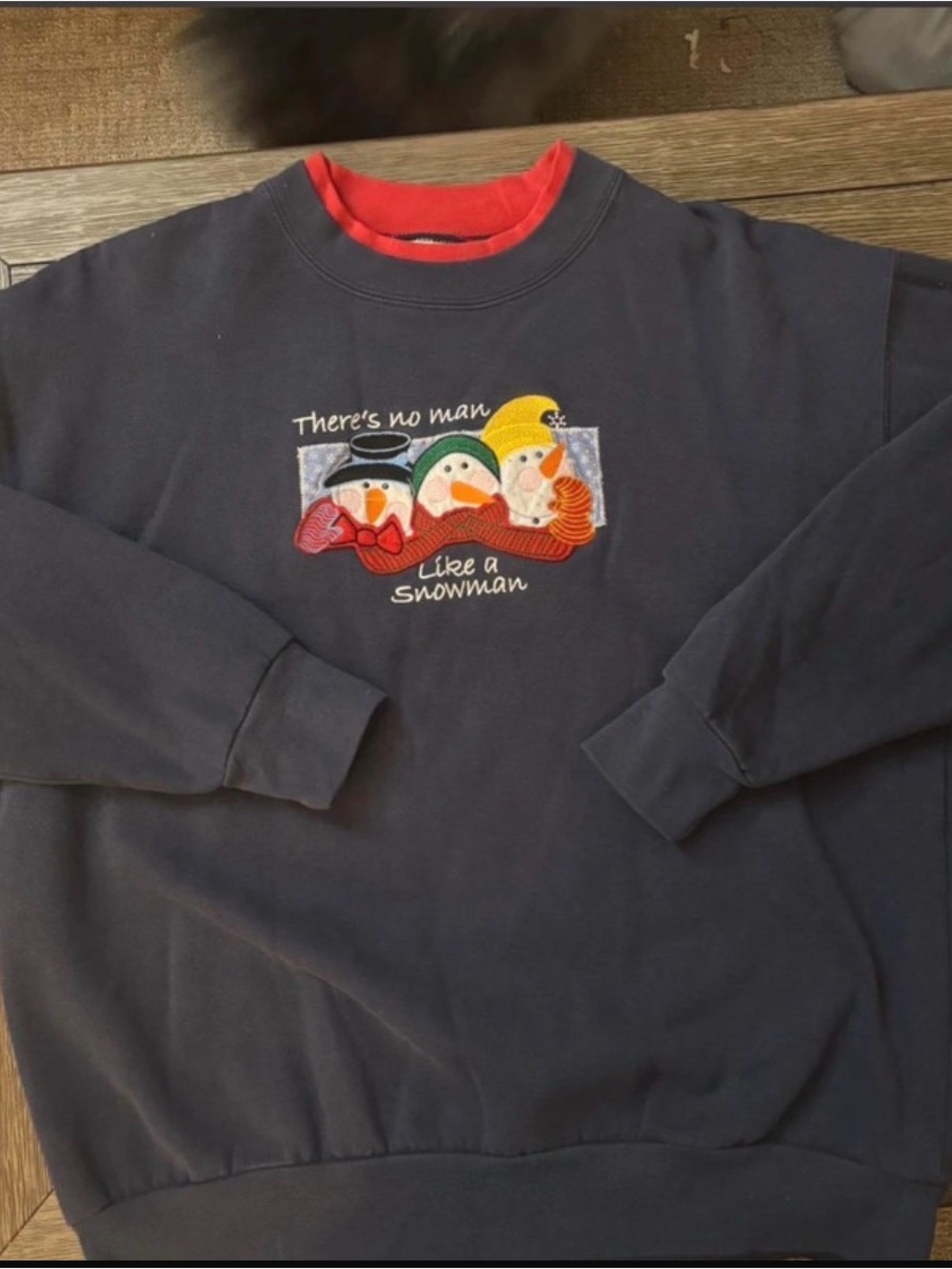 Navy Crewneck Sweater with Snowman Embroidery - Red Trim